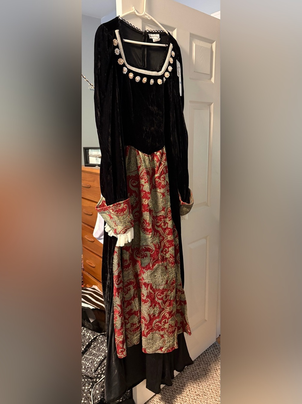 Black Velvet Maxi Dress with Red Brocade Panel and Decorative Trim